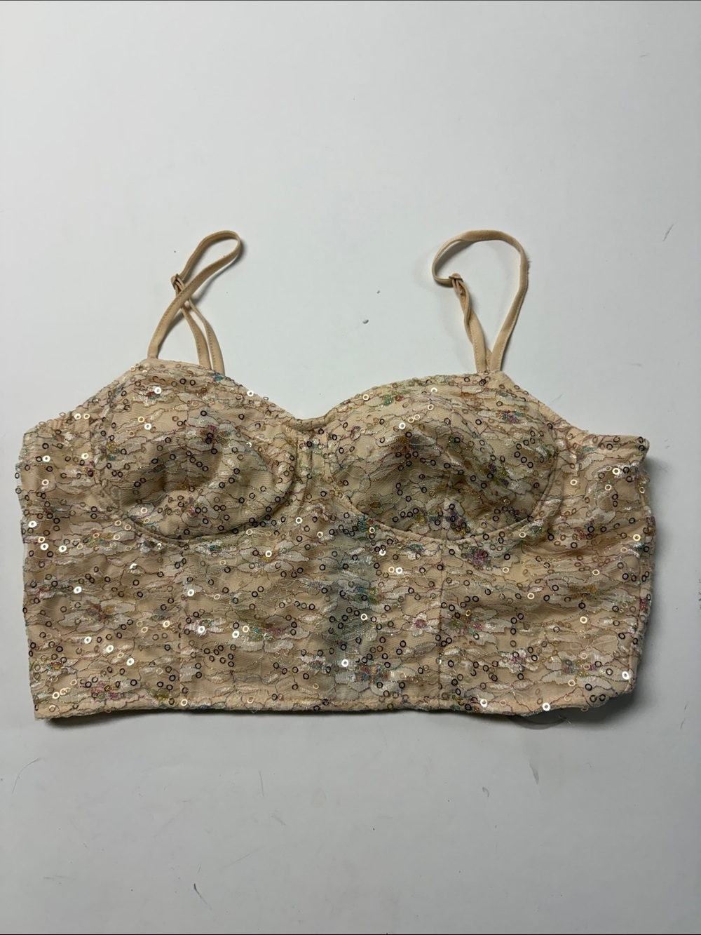 Zio New York Beige Sequined Lace Bustier Crop Top